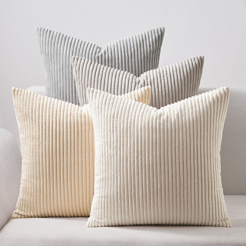 Topfinel 4 Packs Neutral Decorative Throw Pillows Covers 22x22 Inch for Living Room Couch Bed Sofa  Rustic Farmhouse Boho Neutral Home Decor  Soft Plush Striped Corduroy Square Cushion Case 55x55 cm - Image 1